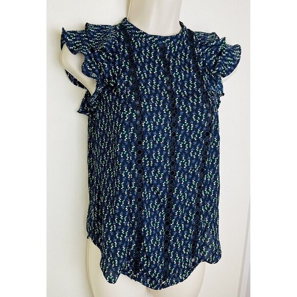 Ann Taylor Floral Blouse Women’s Top Size XXS Petite Blue Ruffles Cap Sleeve - Picture 2 of 5